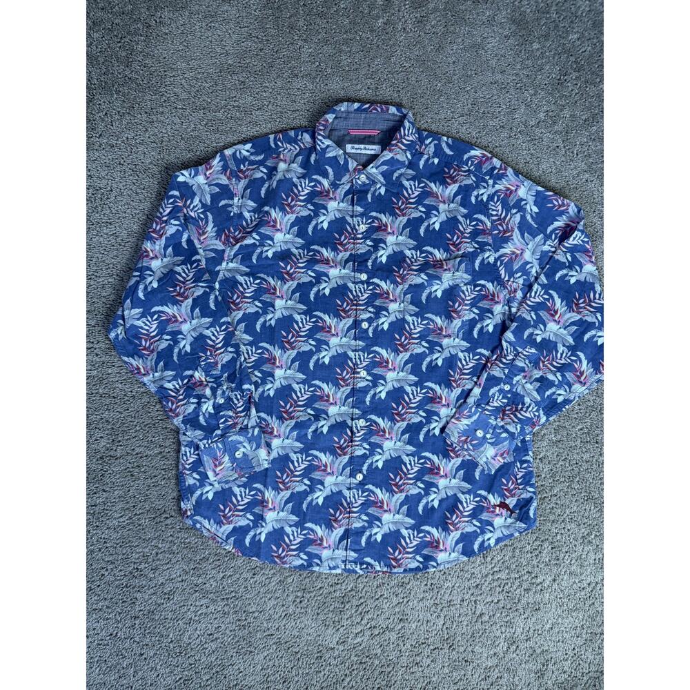 Tommy Bahama Shirt Mens L Blue Floral Embroidered Corduroy Long Sleeve Button Up